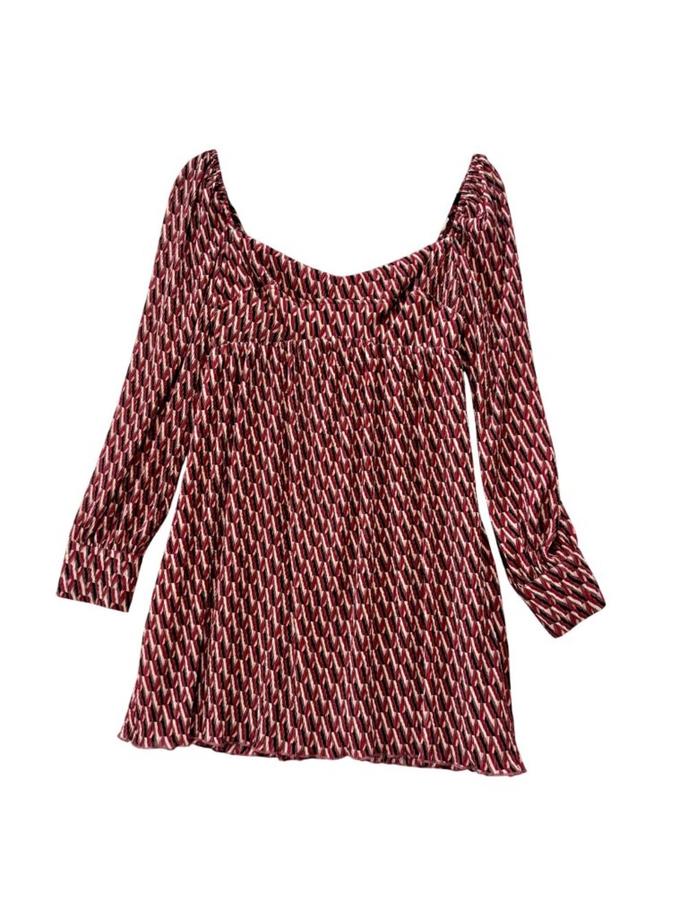 WAYF Women's Small Mini Dress Geometric Print Long-Sleeve Burgundy Boho Chic